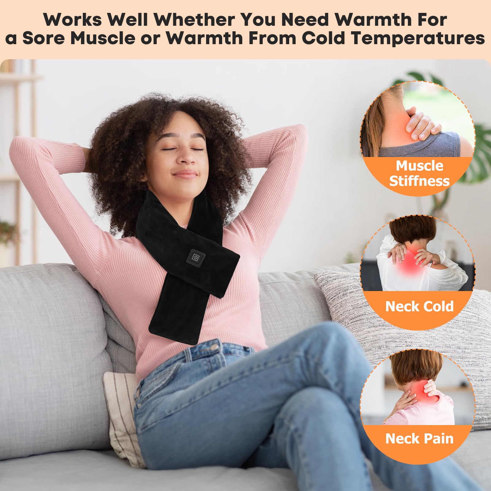 OANUIEM heated neck wrap plush fabric close-up emphasizes soft, irritation-free texture.