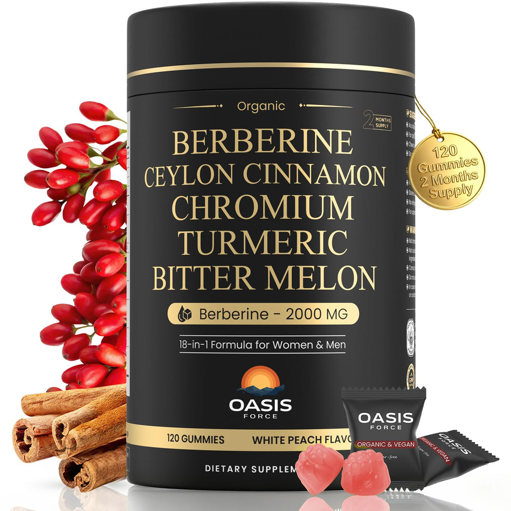 Oasis-Force Berberine Gummies bottle front view highlighting convenient, vegan metabolism support