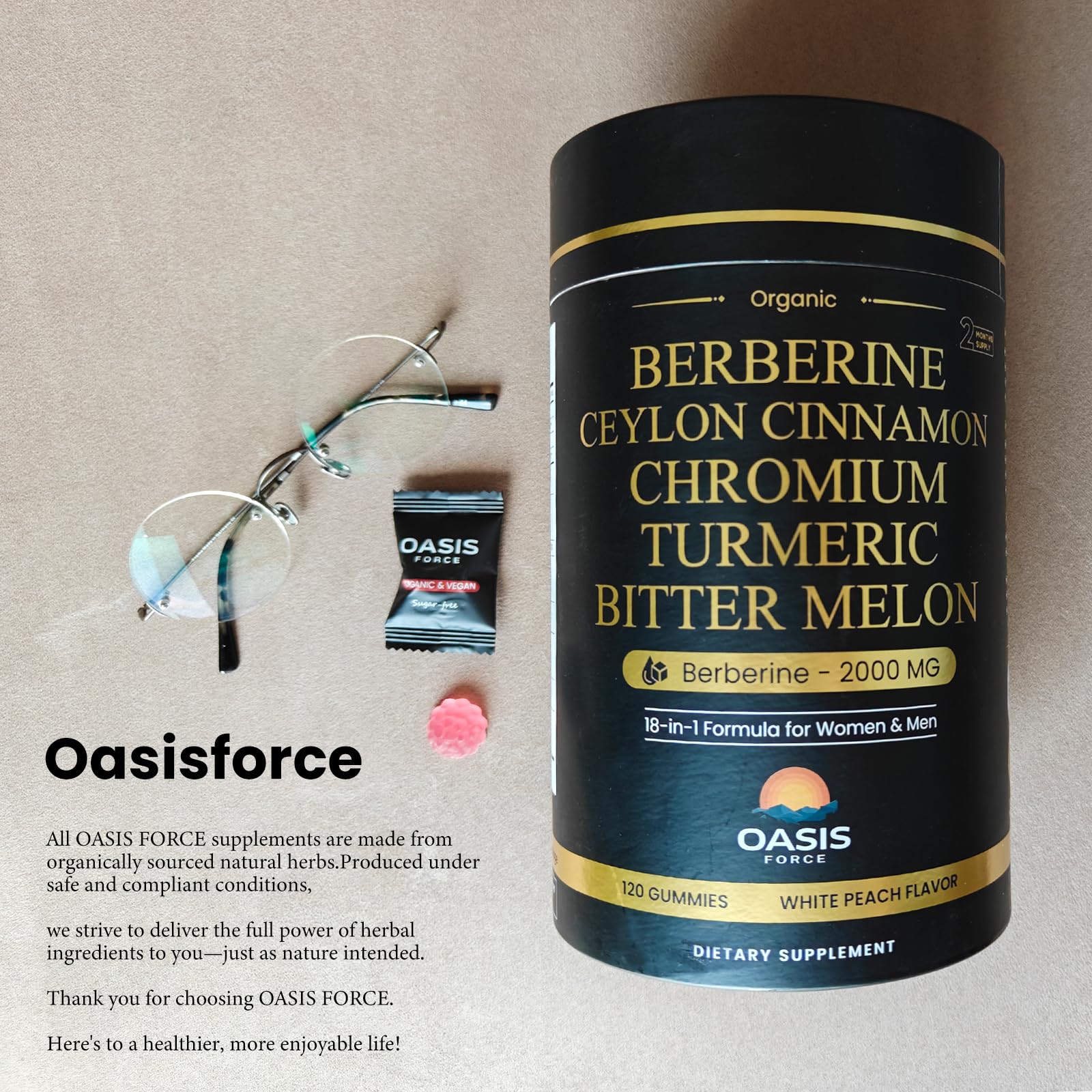 Oasis-Force Berberine Gummies GMP badge and third-party testing seals