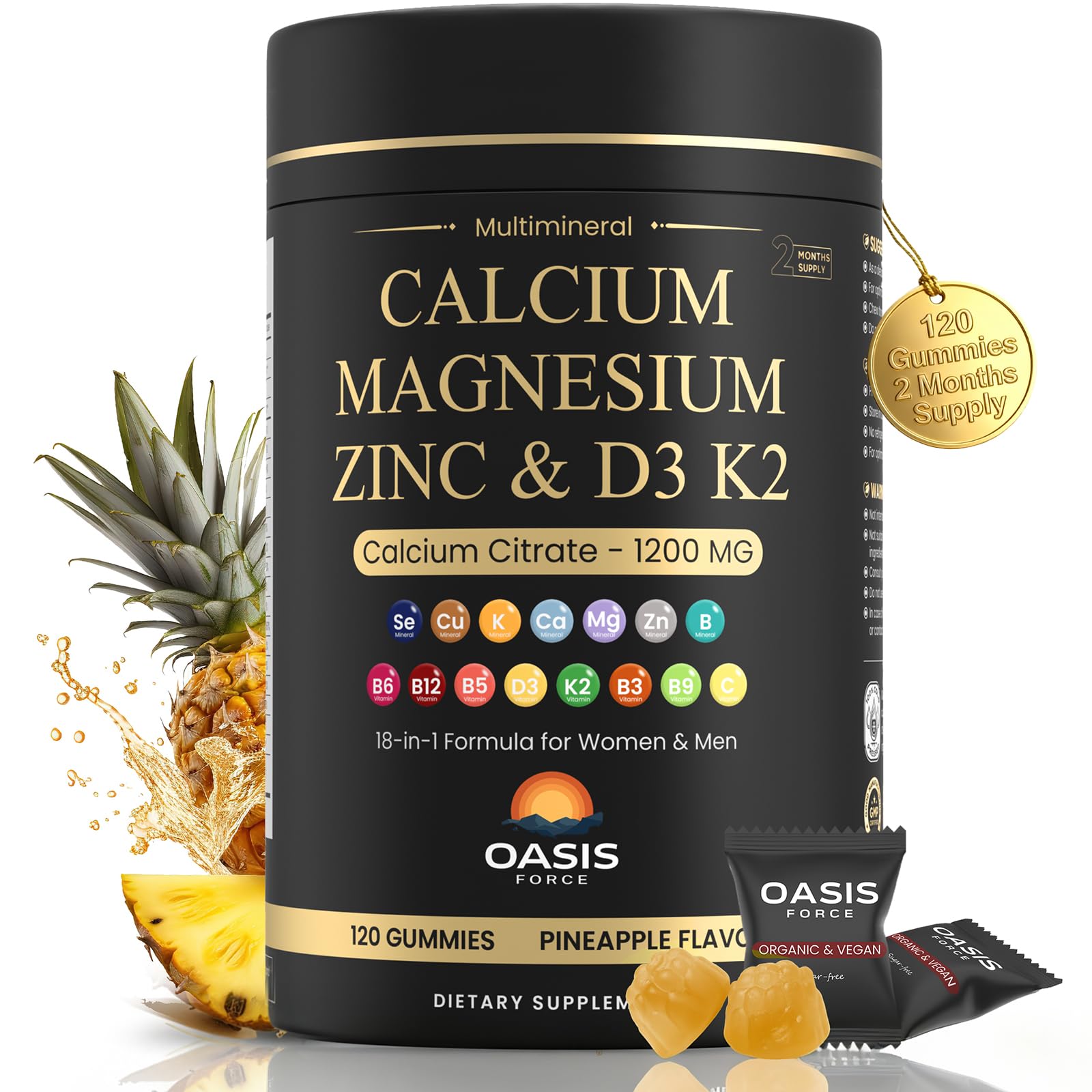 OASIS FORCE Calcium 1200 mg bottle showing bone-support gummies.