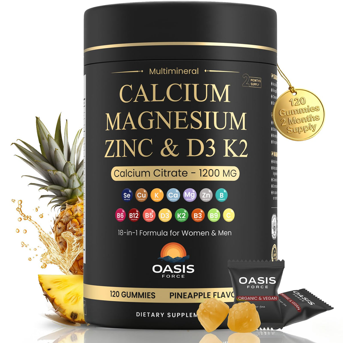 OASIS FORCE Calcium 1200 mg bottle showing bone-support gummies.