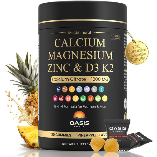 OASIS FORCE Calcium 1200 mg bottle showing bone-support gummies.
