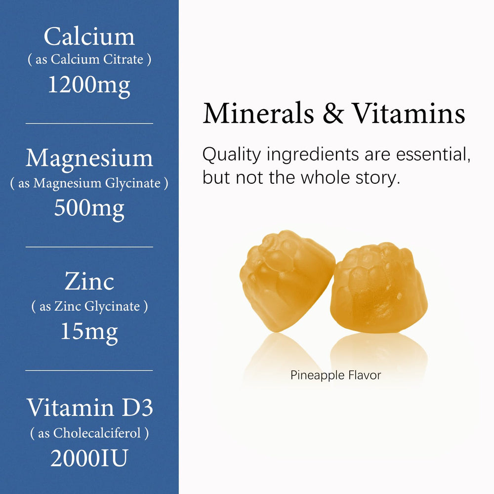 OASIS FORCE pineapple-flavored gummies close-up highlighting tasty, bone-supporting calcium.