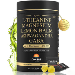 OASIS FORCE L-Theanine Gummies bottle showing 400mg per serving for calm focus