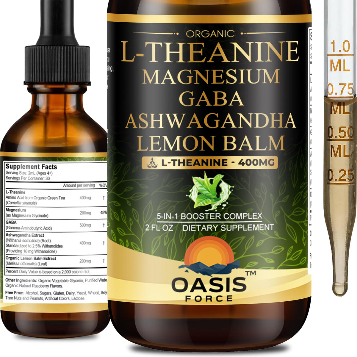 OASIS FORCE L-Theanine drops bottle for easy daily use and relaxation support.