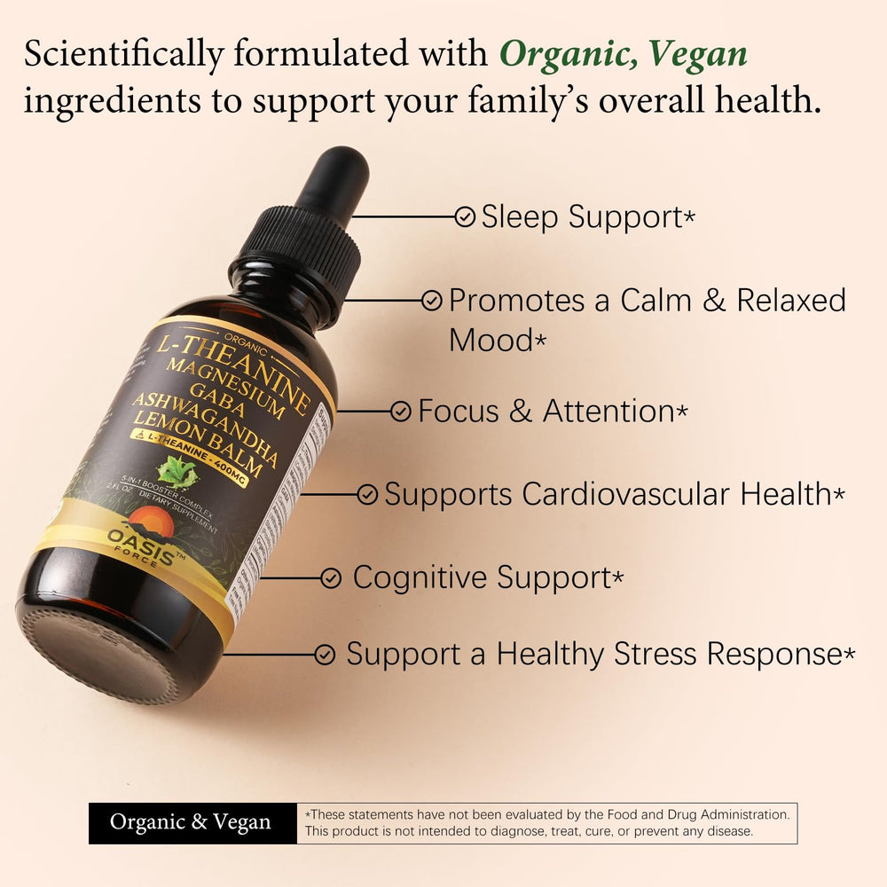OASIS FORCE L-Theanine Drops blend includes GABA and magnesium glycinate for a balanced formulation.