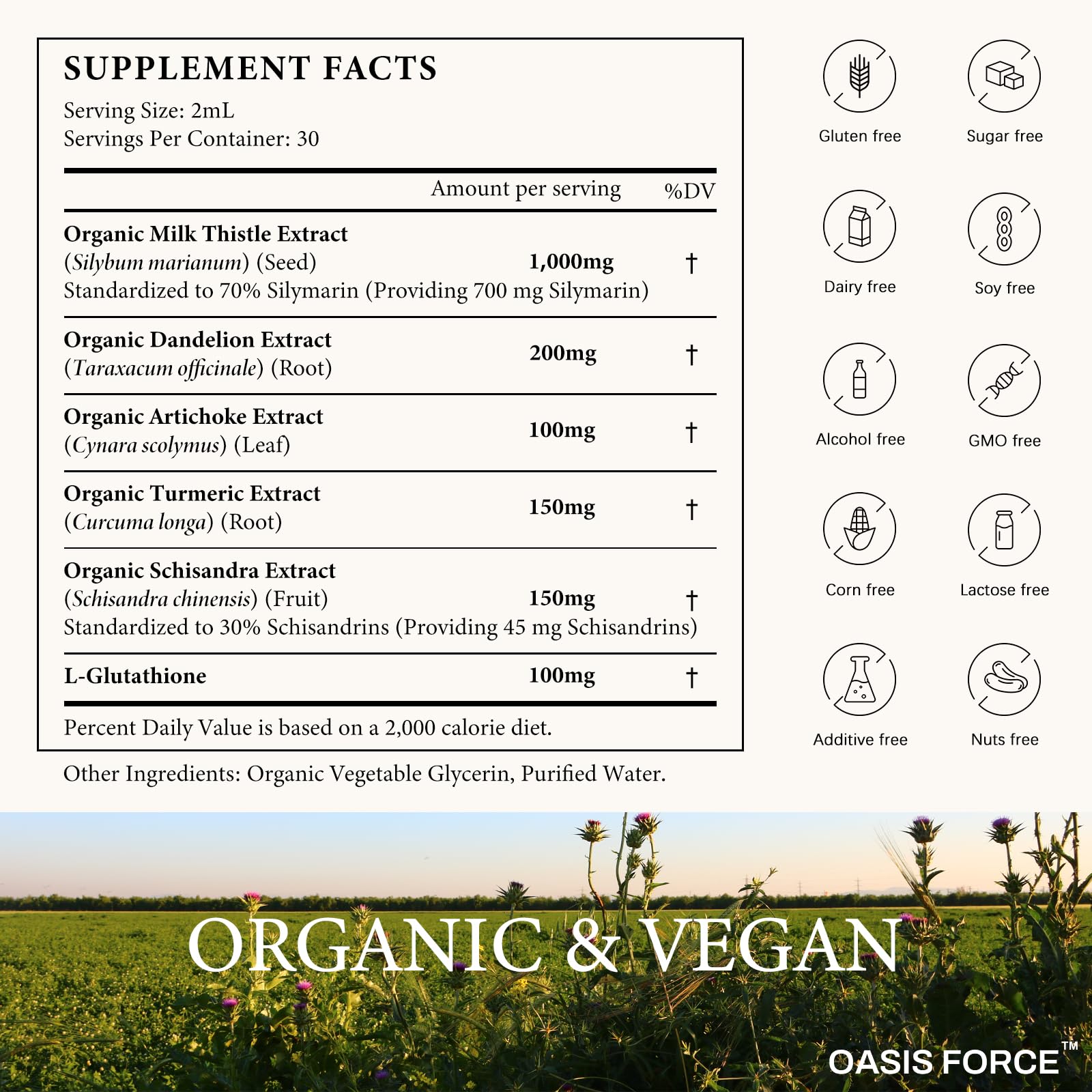 Oasis Force Milk Thistle Liquid back label with dosage guidance