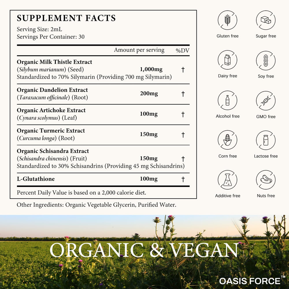 Oasis Force Milk Thistle Liquid back label with dosage guidance