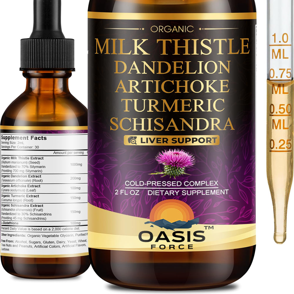 Oasis Force Milk Thistle Liquid bottle front view highlighting organic liver support