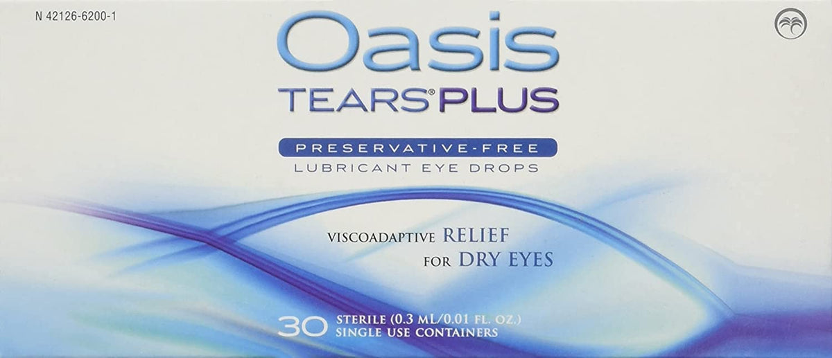 Oasis TEARS PLUS bottle pour shows preservative-free formula for dry eye comfort.