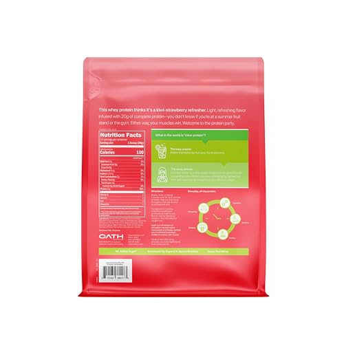 Oath Clear Whey Isolate Kiwi Strawberry glass pour, light fruity texture.
