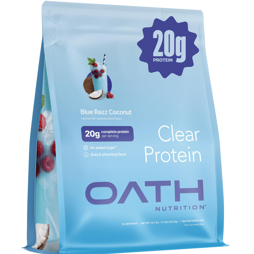 Oath Nutrition Clear Whey Isolate powder in Blue Razz Coconut for a juice-like protein boost