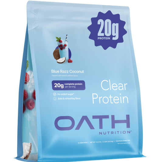 Oath Nutrition Clear Whey Isolate powder in Blue Razz Coconut for a juice-like protein boost