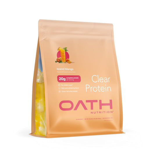Oath Nutrition Clear Whey Isolate Island Mango pour for refreshing post-workout hydration.