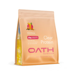 Oath Nutrition Clear Whey Isolate Island Mango pour for refreshing post-workout hydration.