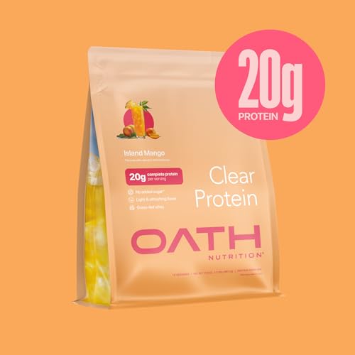 Oath Nutrition Clear Whey Island Mango shake fuels workouts with fruity flavor.