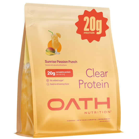 Oath Nutrition Clear Whey Sunrise Passion Punch bottle ready for a refreshing workout shake.