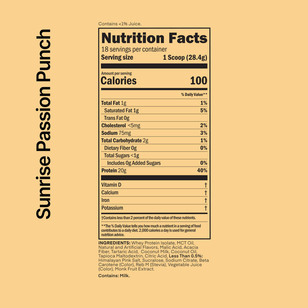 Close-up Sunrise Passion Punch label highlighting grass-fed and no added sugar.