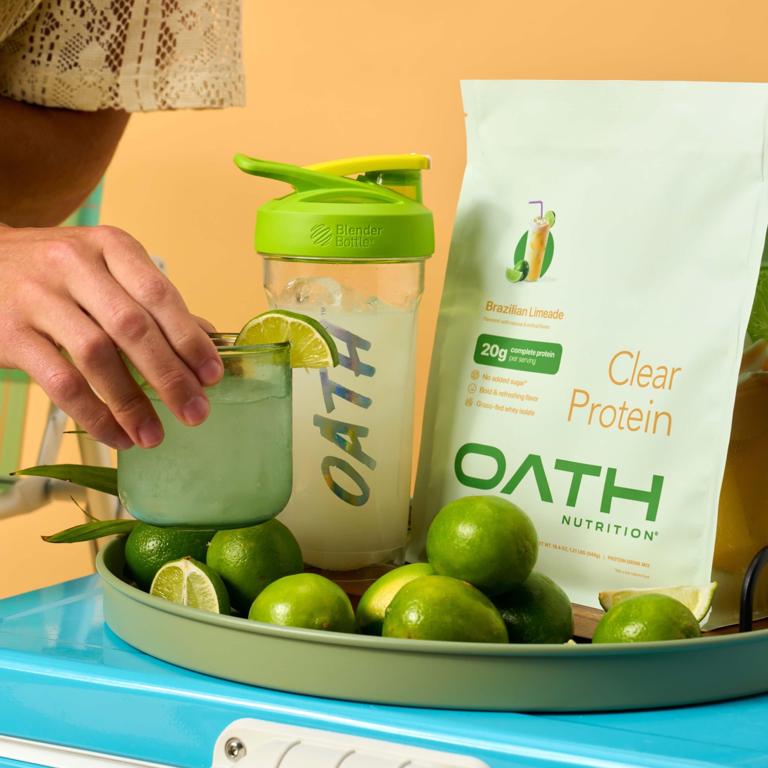 Oath Nutrition Clear Whey Limeade beach scene — vibrant summer vibes with protein