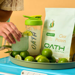 Oath Nutrition Clear Whey Limeade beach scene — vibrant summer vibes with protein