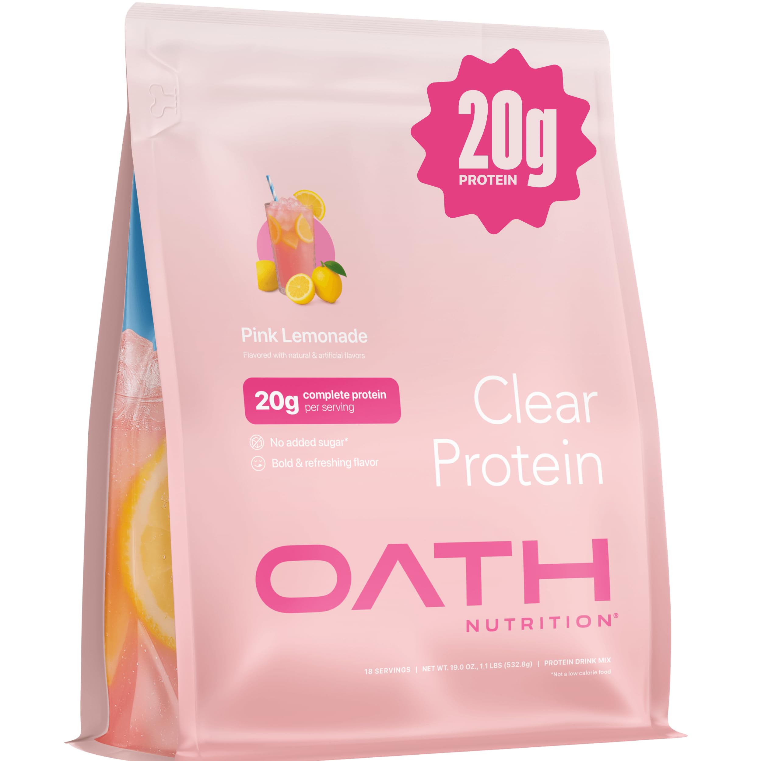 Oath Nutrition Clear Whey Pink Lemonade bottle pouring for post-workout refreshment.
