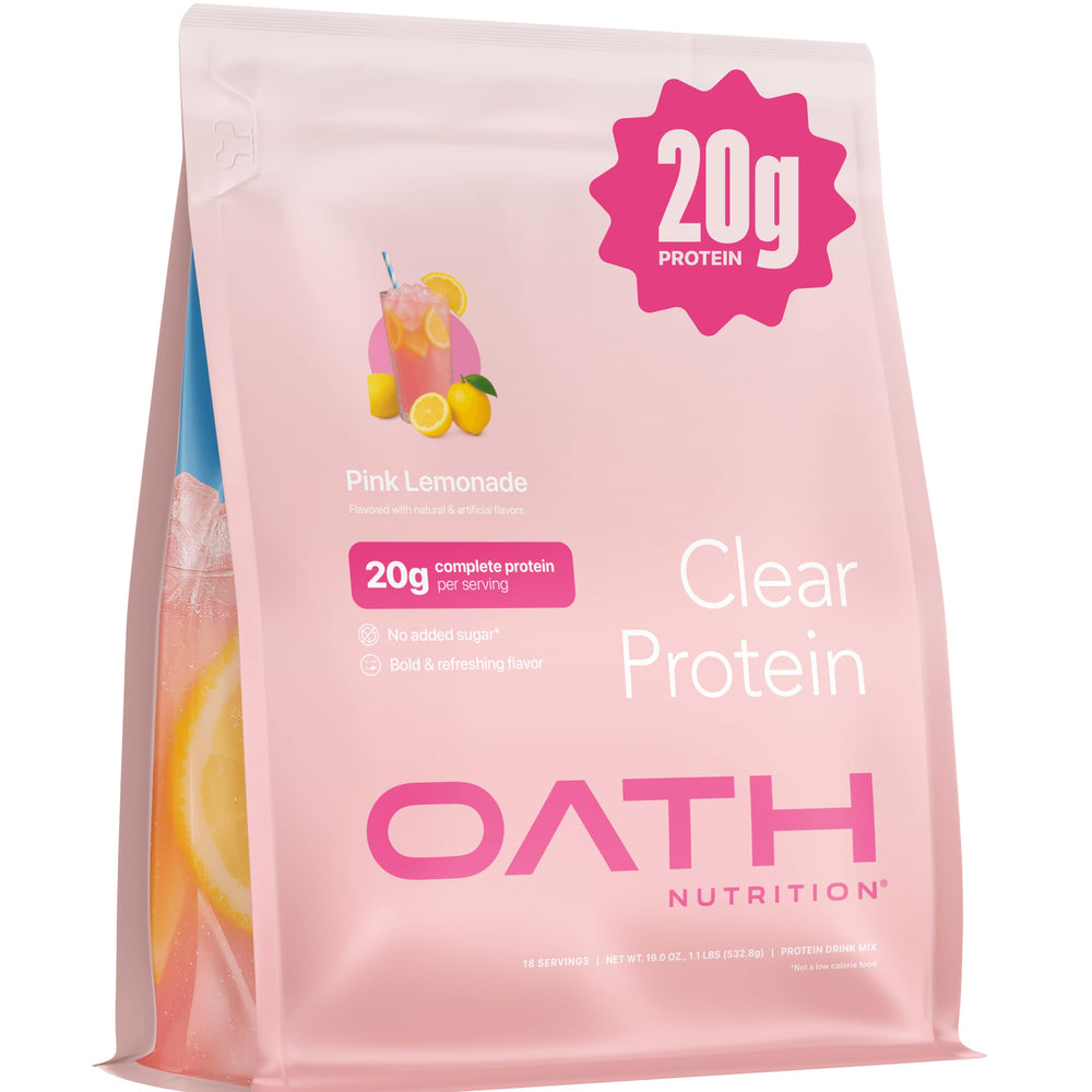 Oath Nutrition Clear Whey Pink Lemonade bottle pouring for post-workout refreshment.