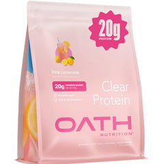Oath Nutrition Clear Whey Pink Lemonade bottle pouring for post-workout refreshment.