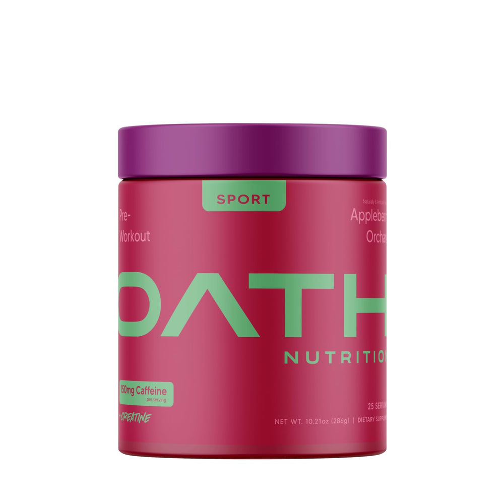 Oath Nutrition Sport Sugar Free Pre-Workout Appleberry Orchard bottle ready for a high-energy gym session.
