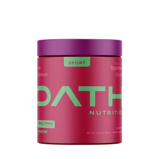 Oath Nutrition Sport Sugar Free Pre-Workout Appleberry Orchard bottle ready for a high-energy gym session.