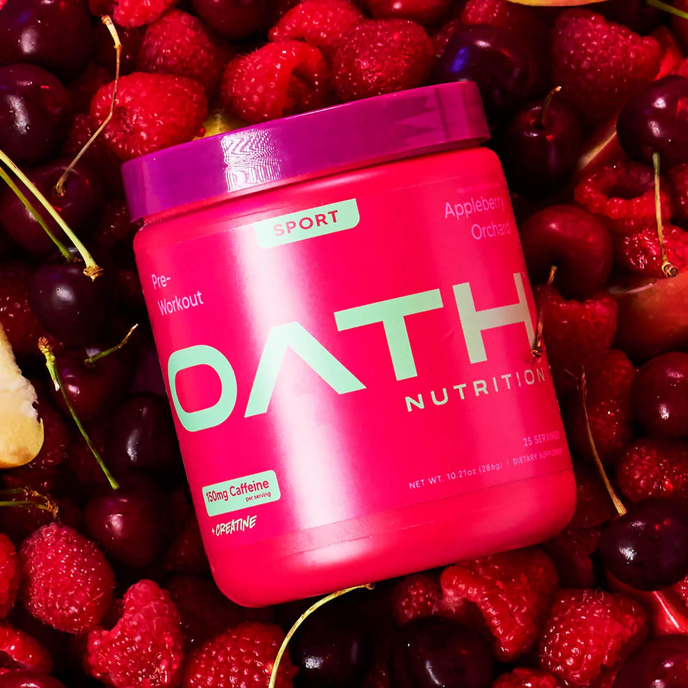 Oath Nutrition Sport Sugar Free Pre-Workout Appleberry Orchard container ready for your routine.