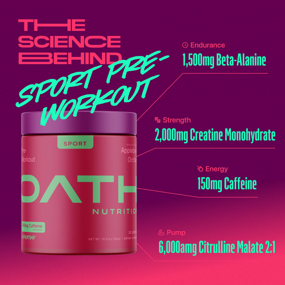 Oath Nutrition Sport Sugar Free Pre-Workout Appleberry Orchard powder ready to mix for smooth flavor.