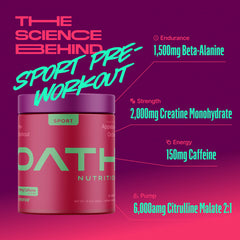 Oath Nutrition Sport Sugar Free Pre-Workout Appleberry Orchard powder ready to mix for smooth flavor.