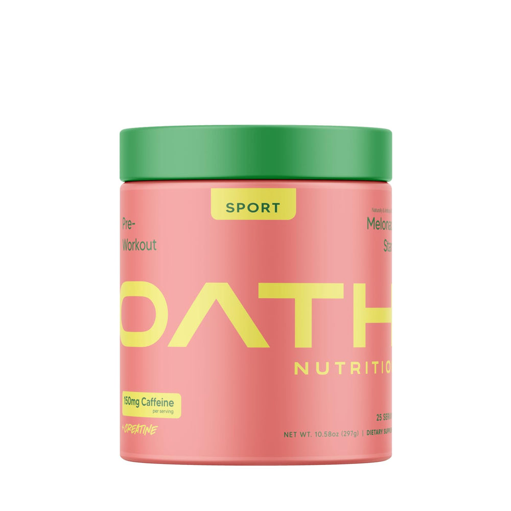 Oath Nutrition Sport Sugar Free Pre-Workout Melonade Stand tub close-up showing energy-focused formula