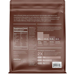 Oath Nutrition whey protein chocolate brownie powder being poured from a bottle.