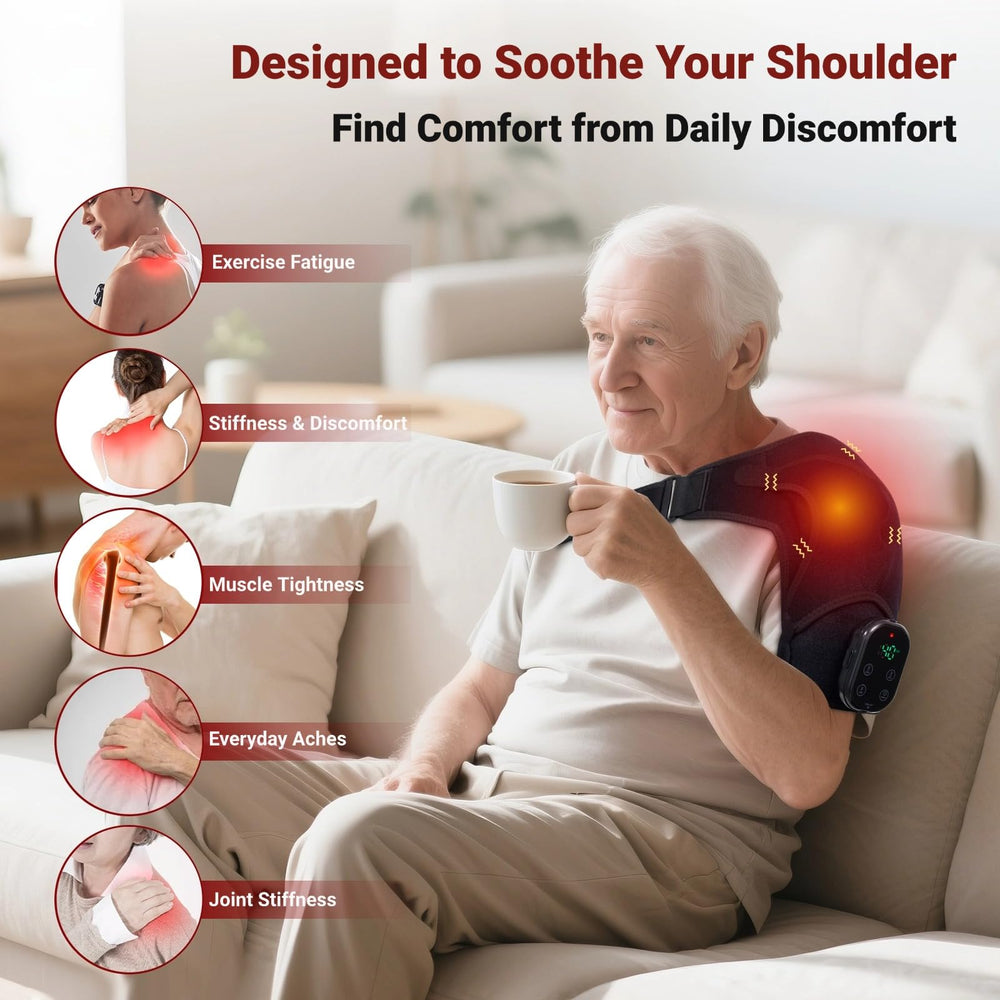 ObigaVc cordless shoulder heating pad with detachable controller enables customizable massage sessions