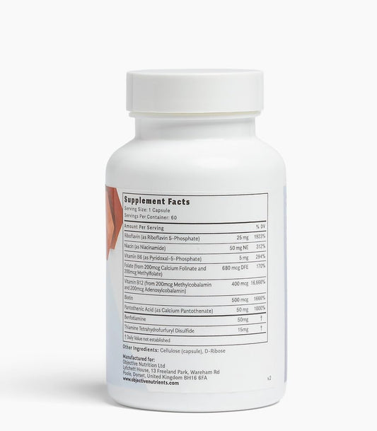 Objective Nutrients ThiActive B Complex capsules close-up showing filler-free for cognitive clarity
