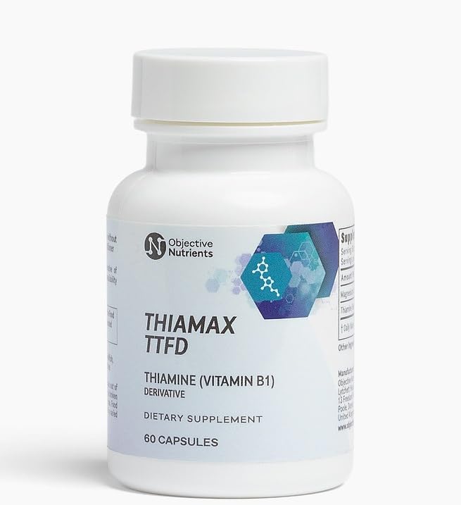 Objective Nutrients Thiamax bottle shows high-dose B1 for potential daily energy support with purity.