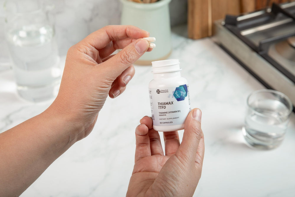 Objective Nutrients Thiamax label focuses on ingredients like Thiamine TTFD and magnesium complex.