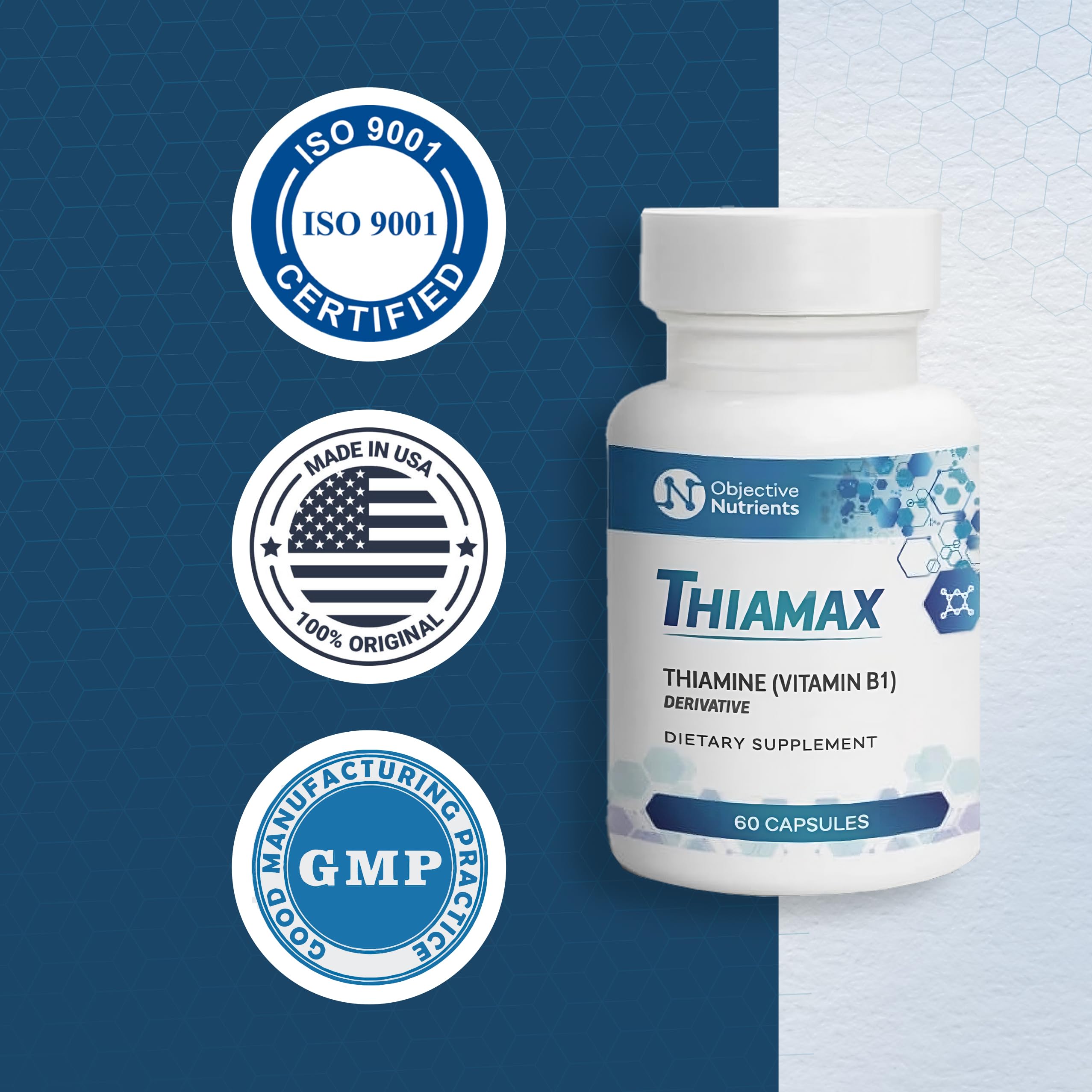 Objective Nutrients Thiamax third-party testing badge communicates transparency and product integrity.