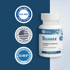 Objective Nutrients Thiamax third-party testing badge communicates transparency and product integrity.