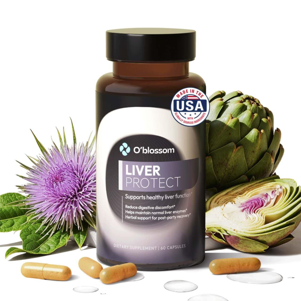 O'blossom Liver Protect bottle front highlights quick relief potential.