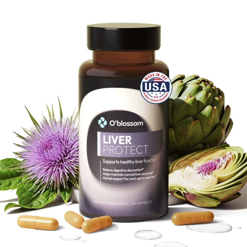 O'blossom Liver Protect bottle front highlights quick relief potential.