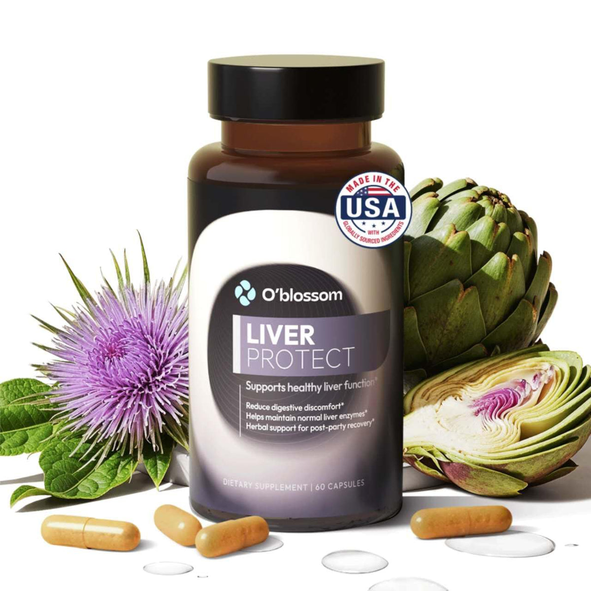 O'blossom Liver Protect bottle front highlights quick relief potential.