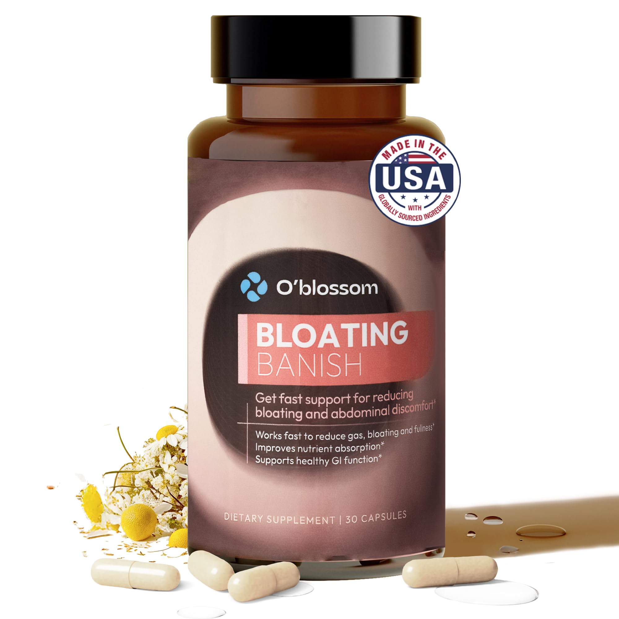 O'blossom Bloating Banish bottle suggesting quick relief after meals