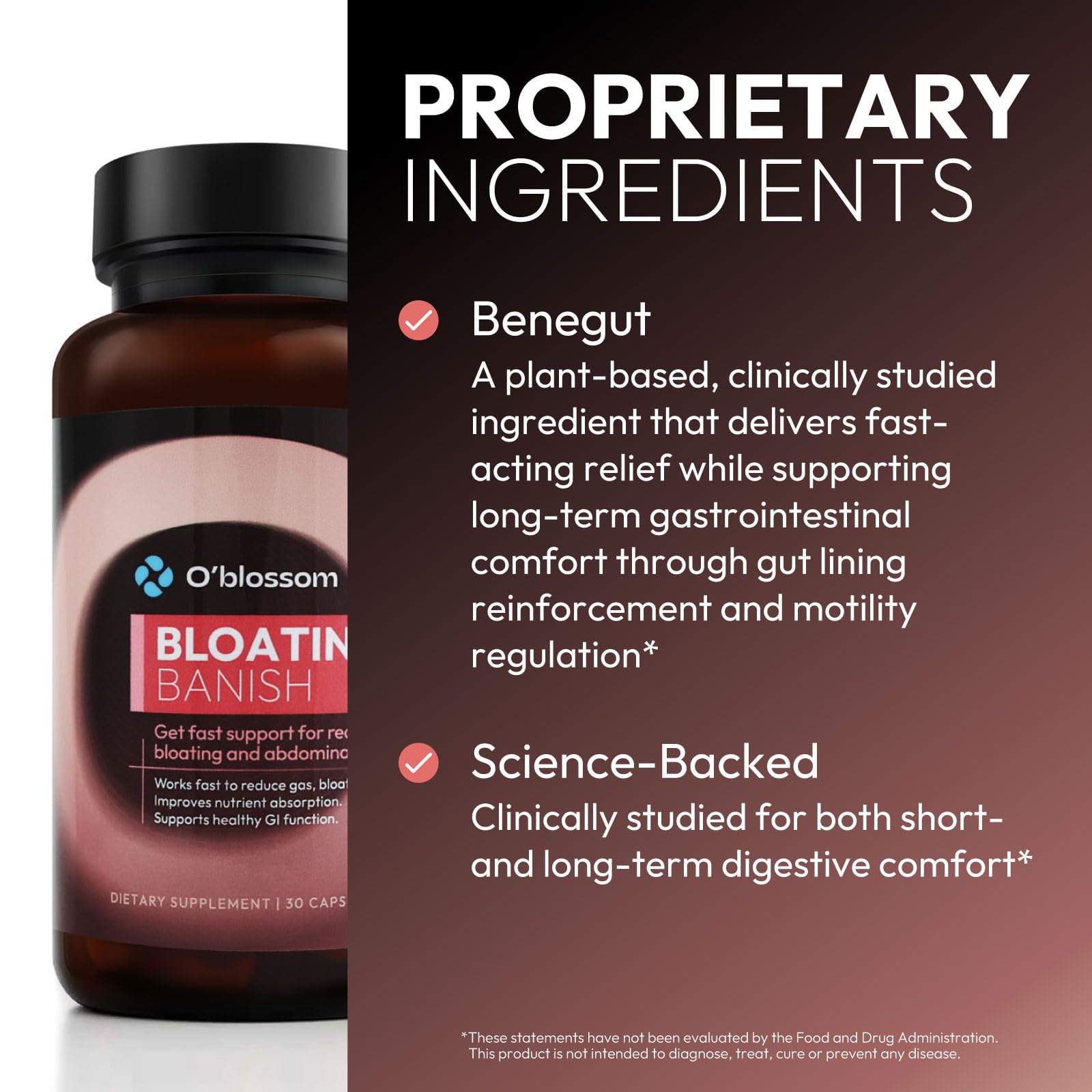 O'blossom Bloating Banish ingredients panel highlights Benegut