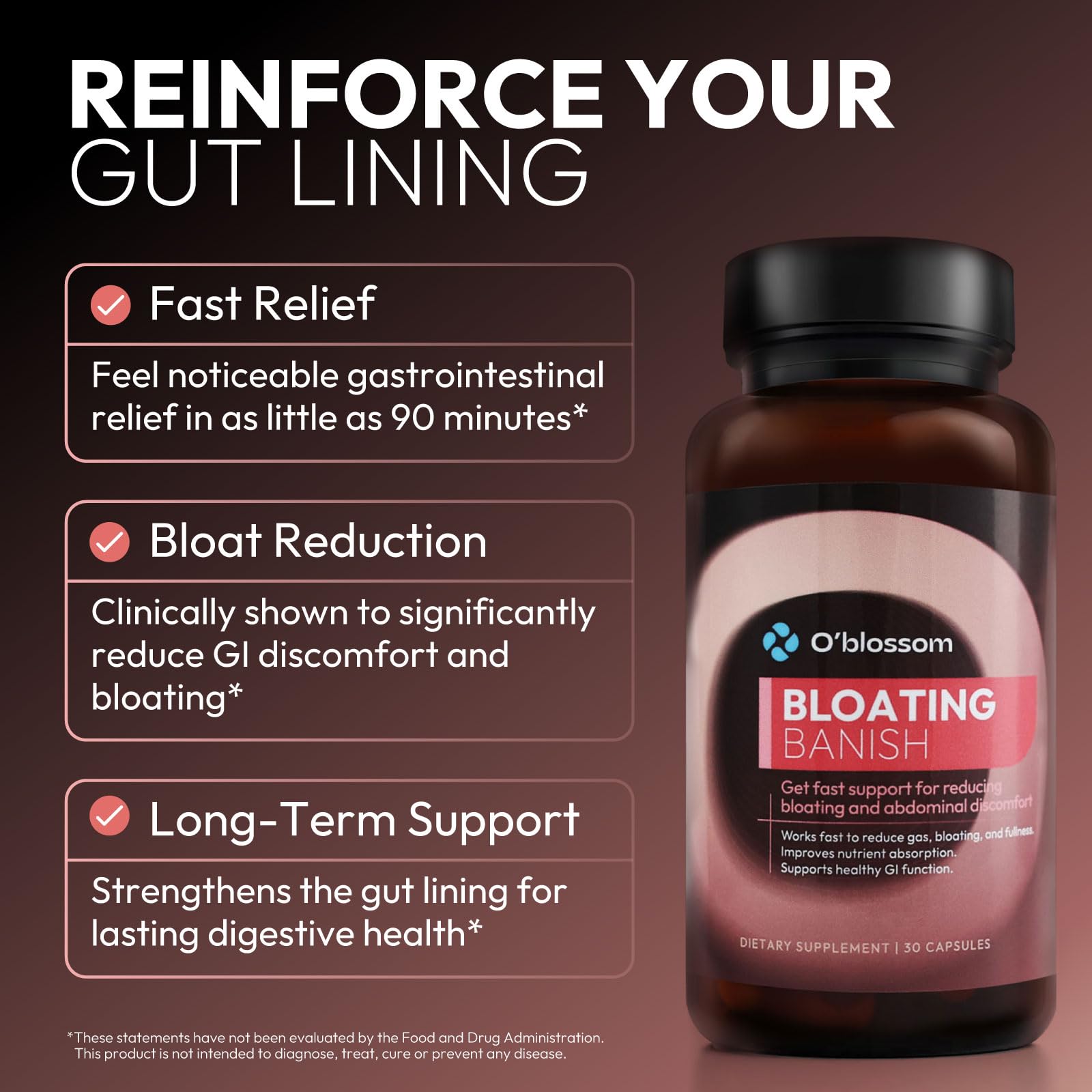 O'blossom Bloating Banish label close-up featuring Benegut for gut support