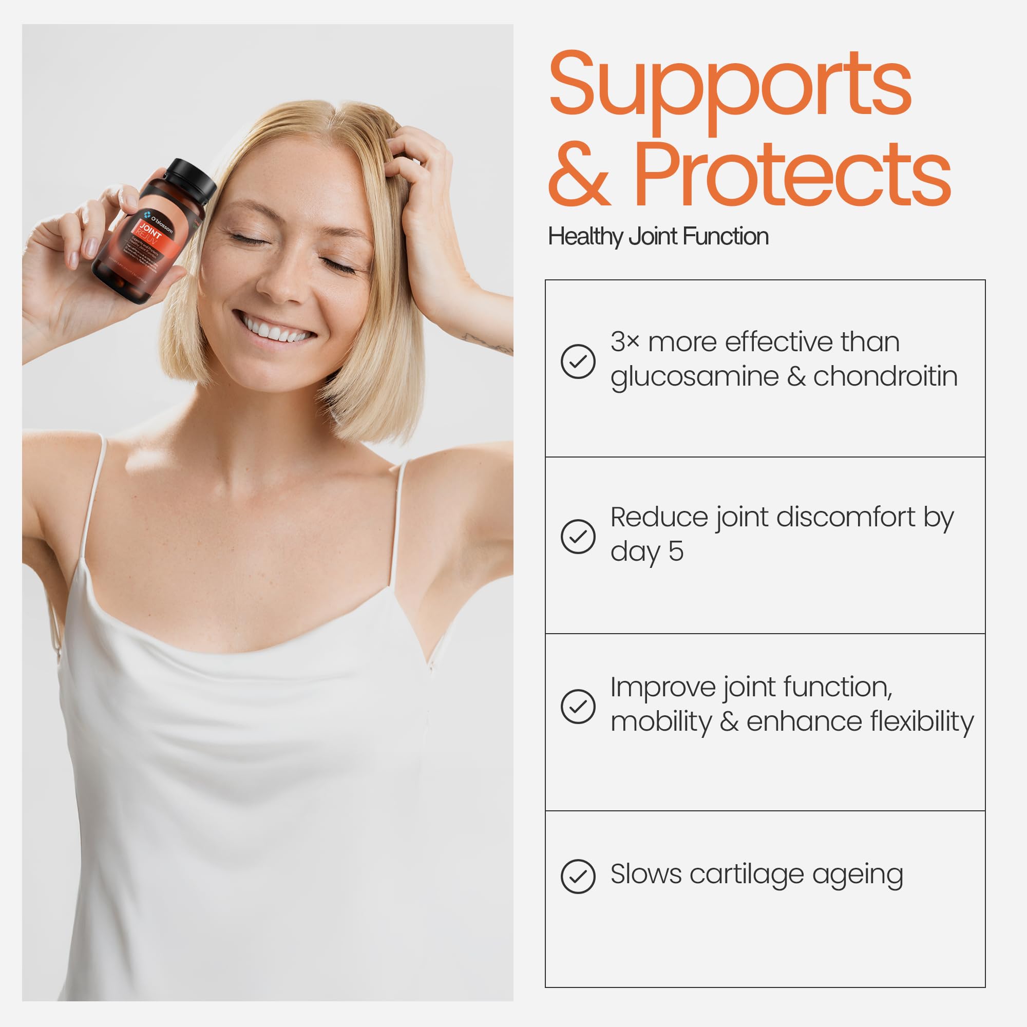 O'blossom Joint Rejuv capsules closeup highlighting convenient daily dosing.