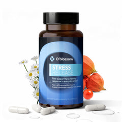 O'blossom Stress Release bottle with capsules for rapid calm.