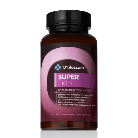 O'blossom Super Skin bottle on counter for daily skin support