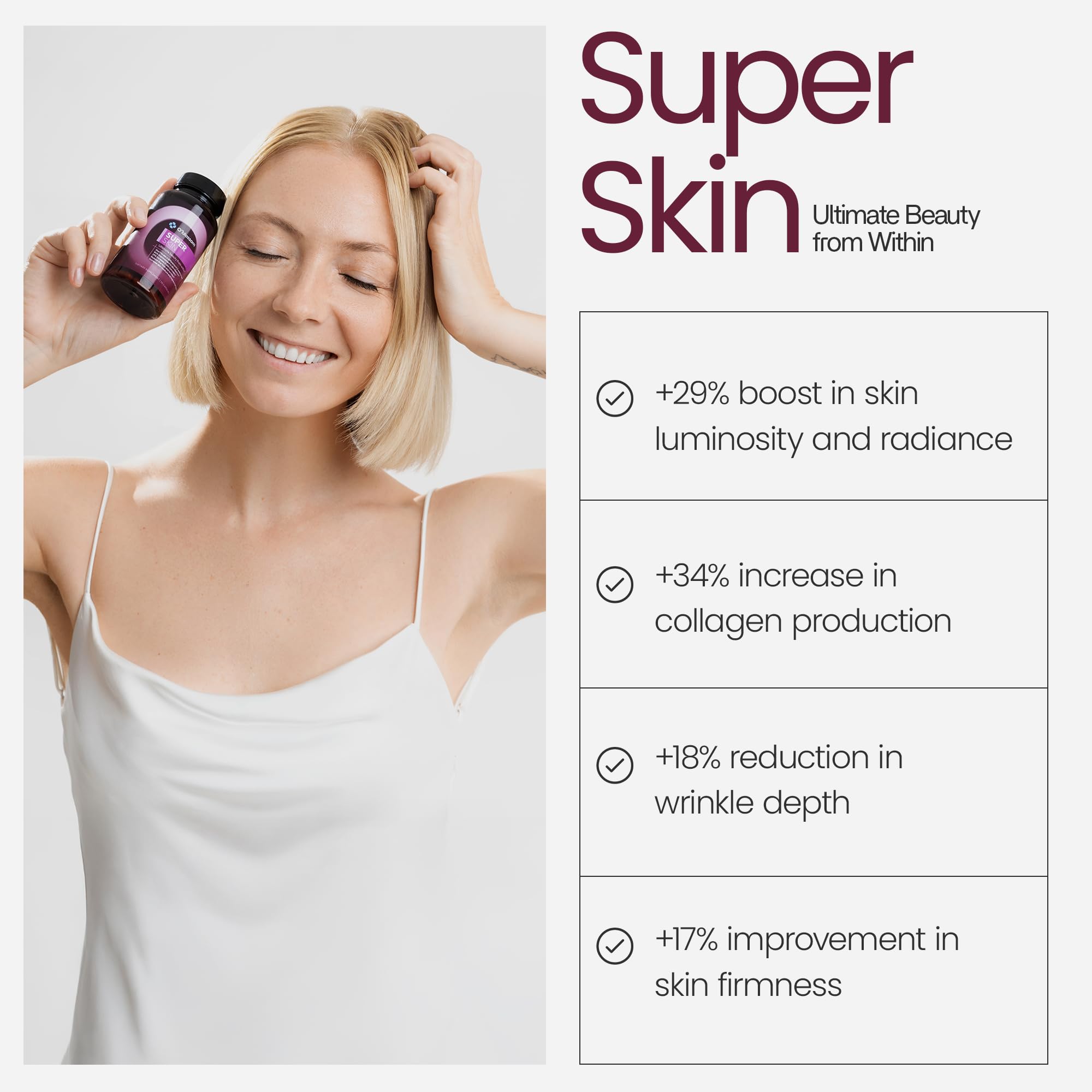O'blossom Super Skin capsules in bottle showing packaging